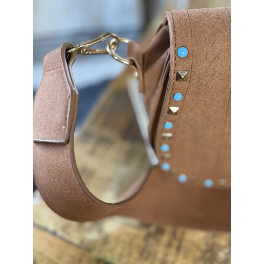 Kiss Me Couture Tan Faux Suede Studded Turquoise Crossbody Saddle Bag Boho - Picture 3 of 9